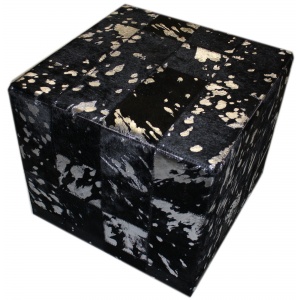 Pouf peau de vache patchwork noir acide argent