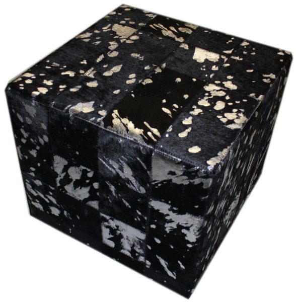 Pouf peau de vache patchwork noir acide argent