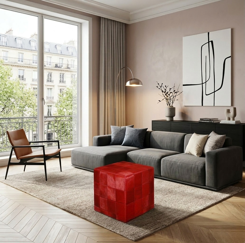 pouf peau de vache rouge