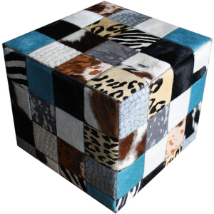 Pouf peau de vache patchwork mixte turquoise