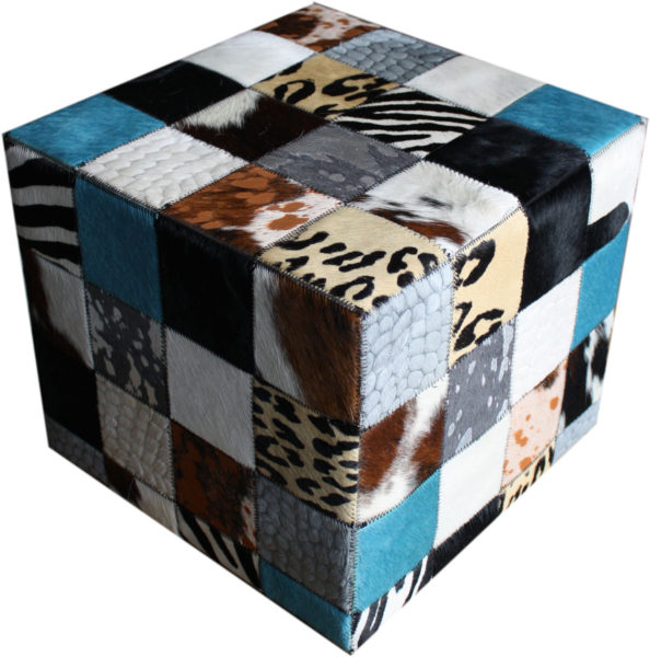 Pouf peau de vache patchwork mixte turquoise