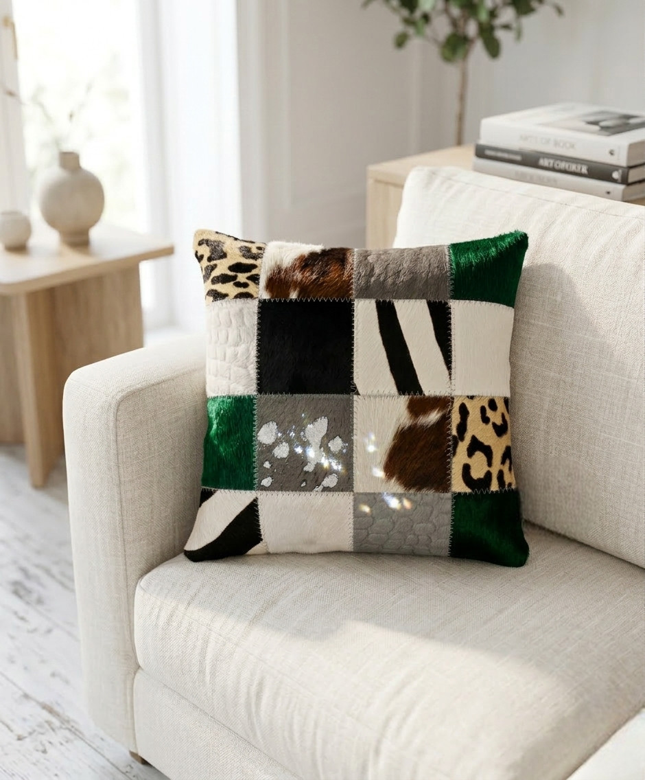 coussin mixte vert maison tergus peau de vache