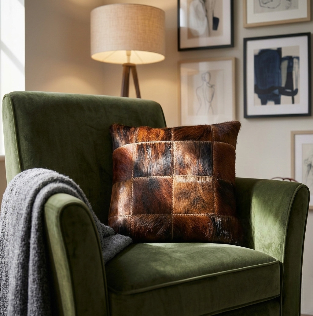 coussin cuir peau de vache marron