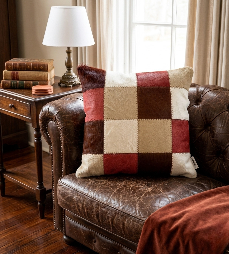 coussin cuir peau de vache terracotta